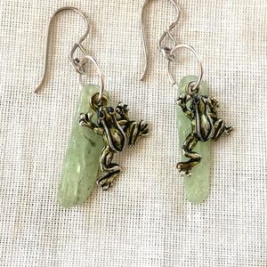 Green Kyanite & Frog Dangle Earrings Niobium Ear Wires Hand Painted charms